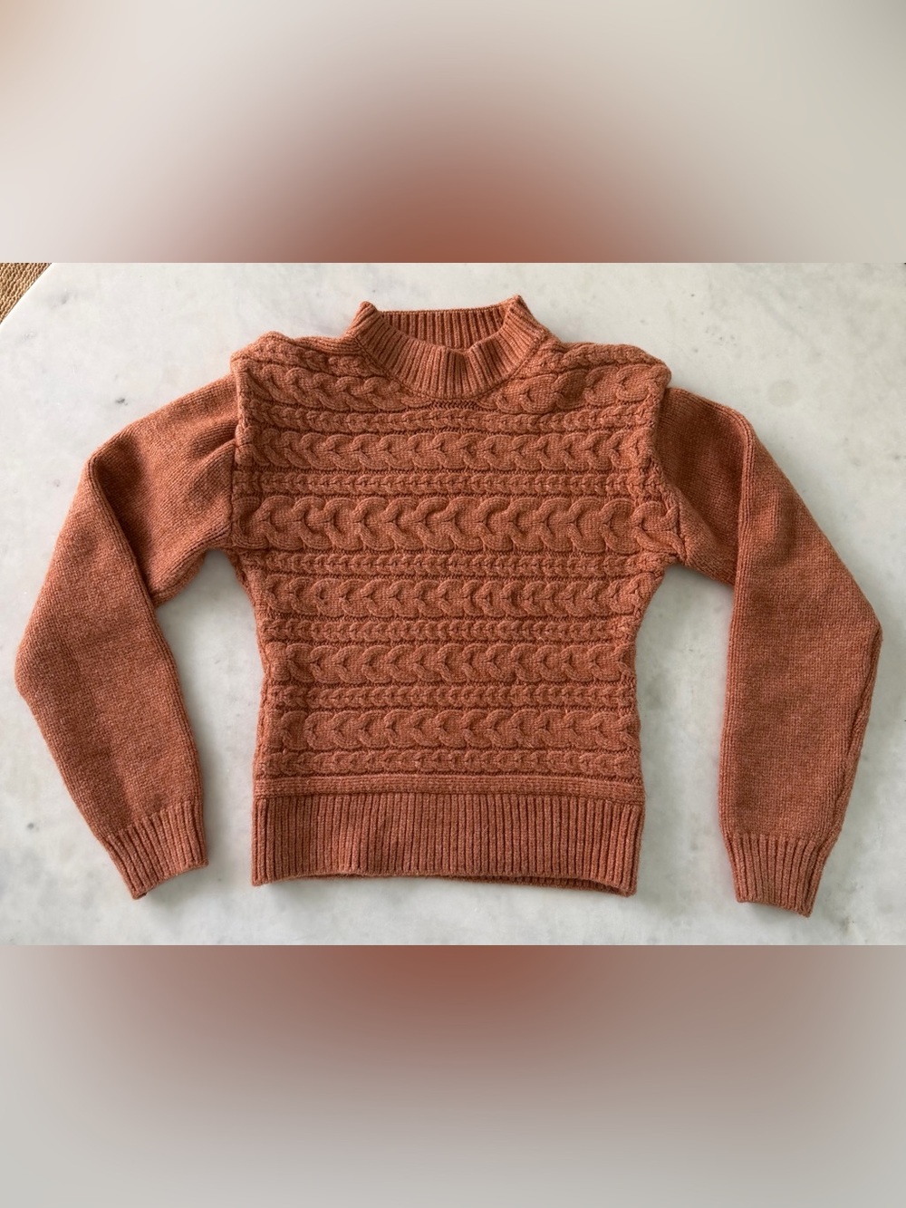 Blank NYC Cable Knit, Puffed Shoulder, Mock Neck Sweater in Rust Orange